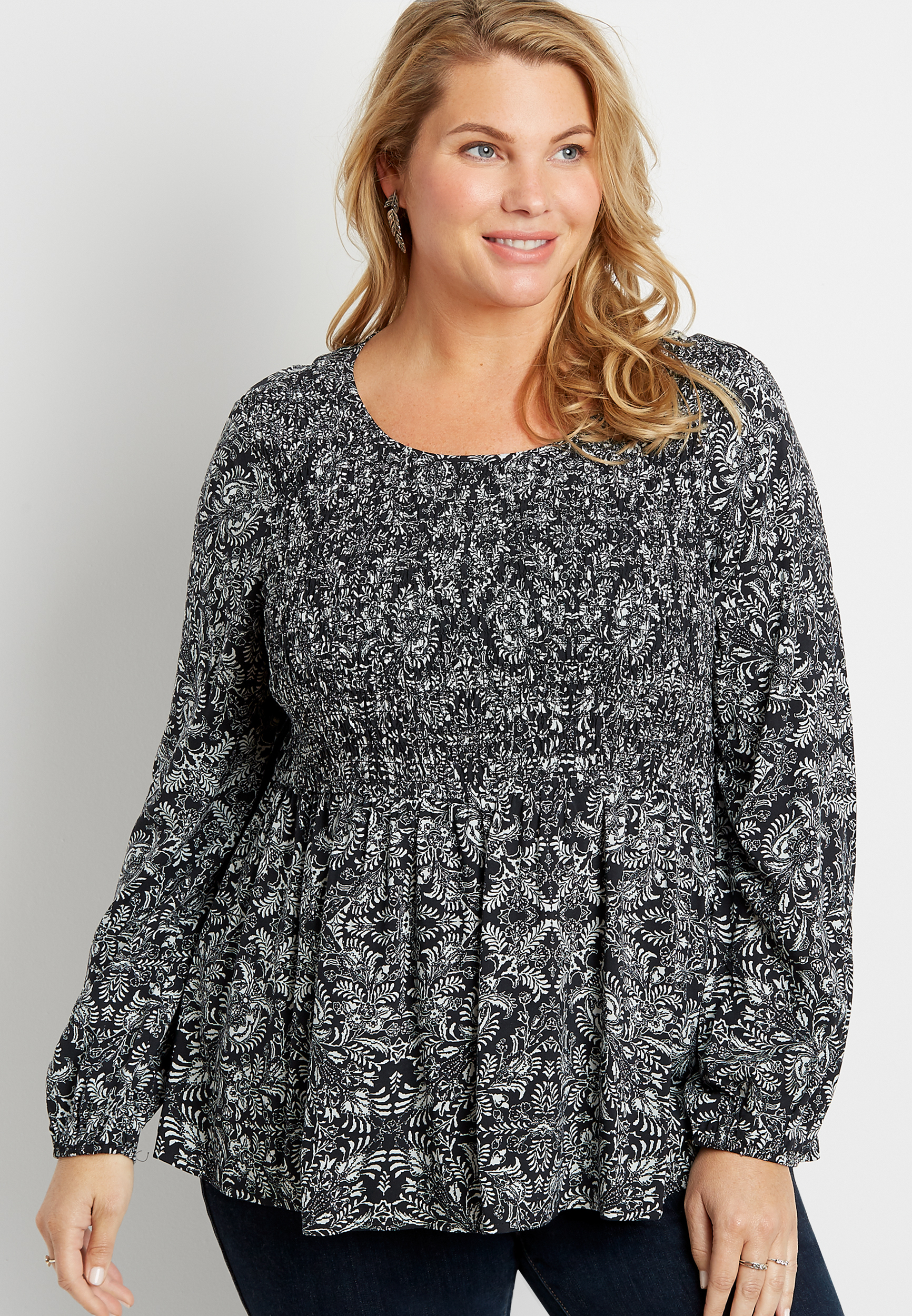 Plus Size Smocked Top Long Sleeve ...